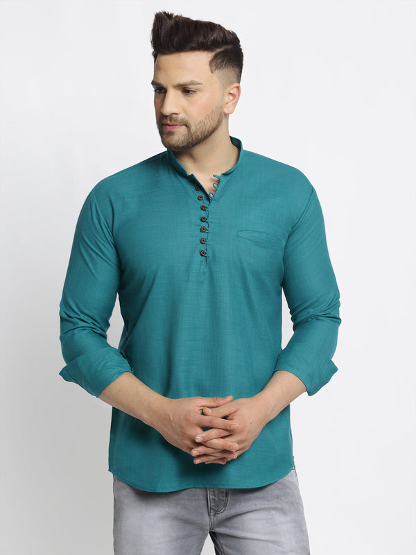 Men's Green Solid Cotton Short Kurta ( Ko 639 Green ) - Virat Fashions