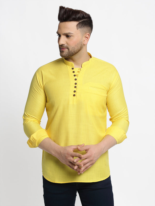 Men's Lemon Solid Cotton Short Kurta ( Ko 639 Lemon ) - Virat Fashions