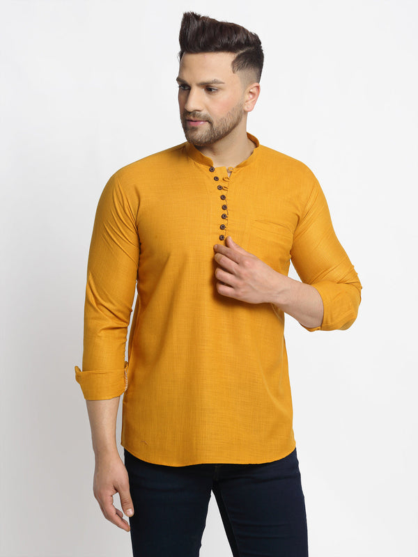 Men's Mustard Solid Cotton Short Kurta ( Ko 639 Mustard ) - Virat Fashions