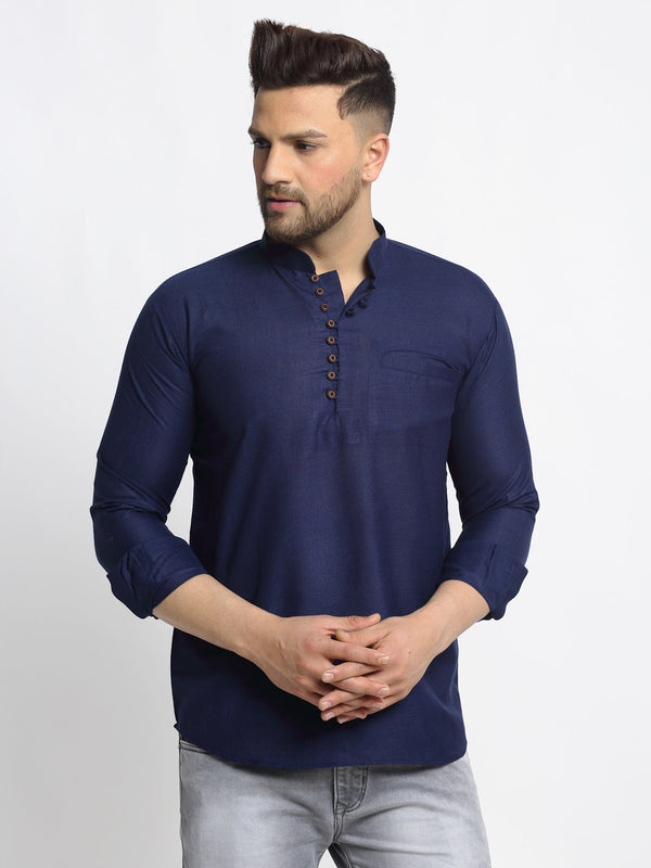 Men's Navy Blue Solid Cotton Short Kurta ( Ko 639 Navy ) - Virat Fashions