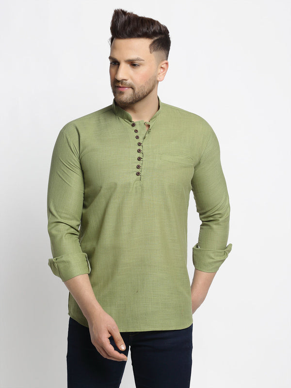 Men's Olive Green Solid Cotton Short Kurta ( Ko 639 Olive ) - Virat Fashions