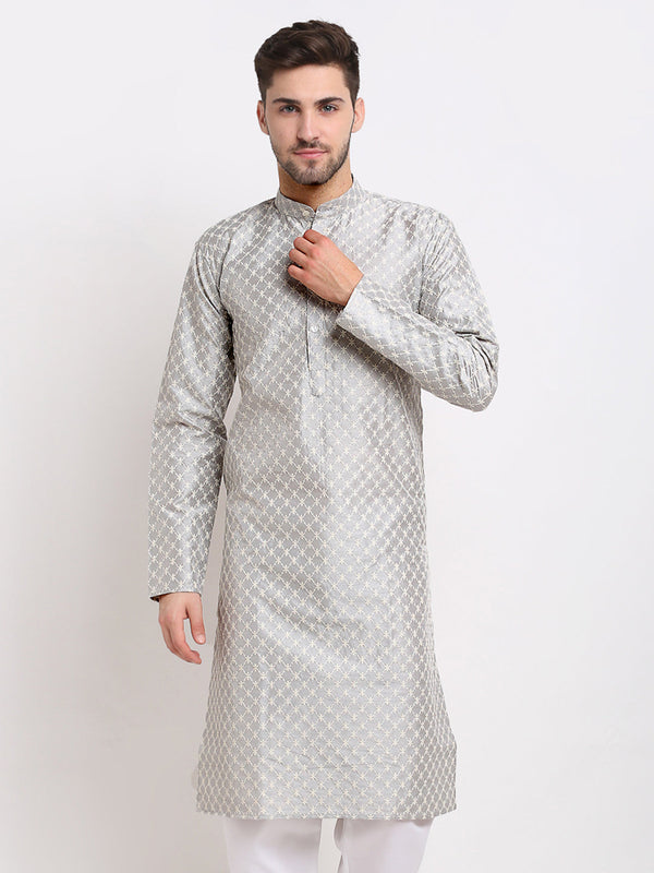 Men's Grey Chikankari Kurta Only ( Ko 641 Grey ) - Virat Fashions