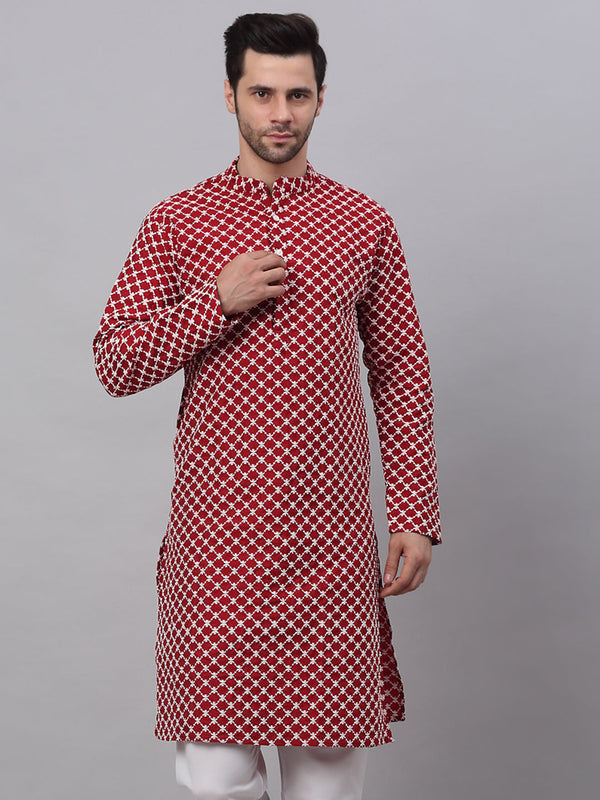 Men's Maroon Chikankari Kurta Only ( Ko 641 Maroon ) - Virat Fashions