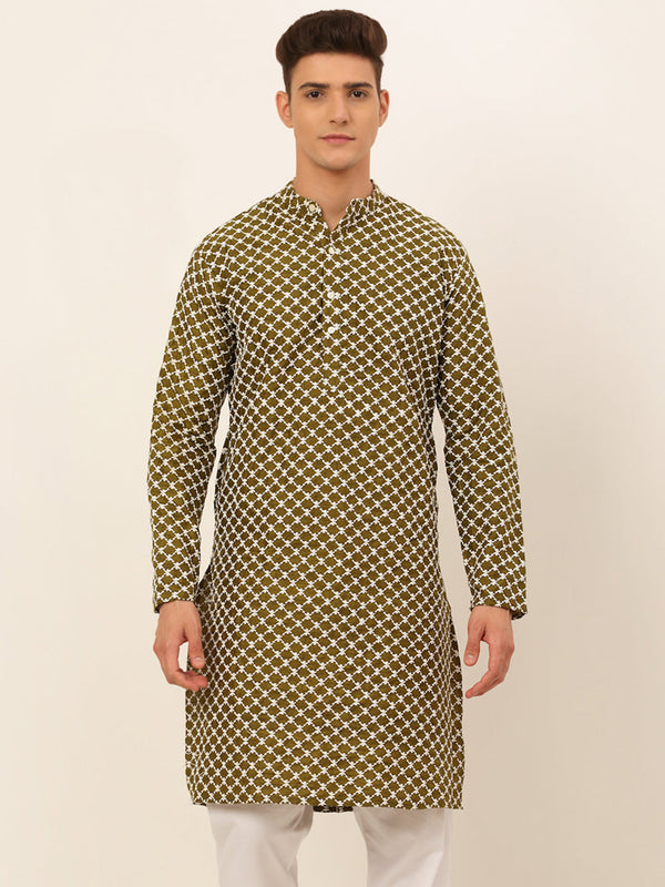 Men's Olive Green Chikankari Kurta Only ( Ko 641 Olive ) - Virat Fashions