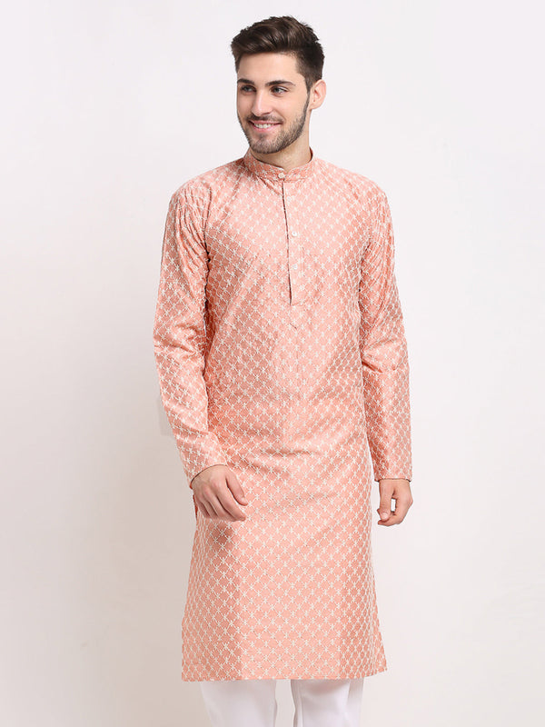 Men's Peach Chikankari Kurta Only ( Ko 641 Peach ) - Virat Fashions