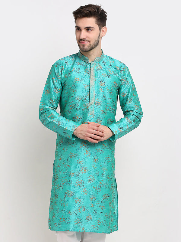 Men's Green Dupion Printed Kurta Only ( KO 644 Green ) - Virat Fashions