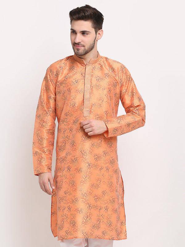 Men's Orange Dupion Printed Kurta Only ( KO 644 Orange ) - Virat Fashions