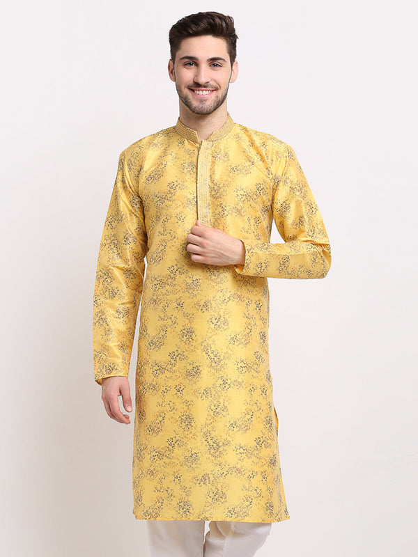 Men's Yellow Dupion Printed Kurta Only ( KO 644 Yellow ) - Virat Fashions