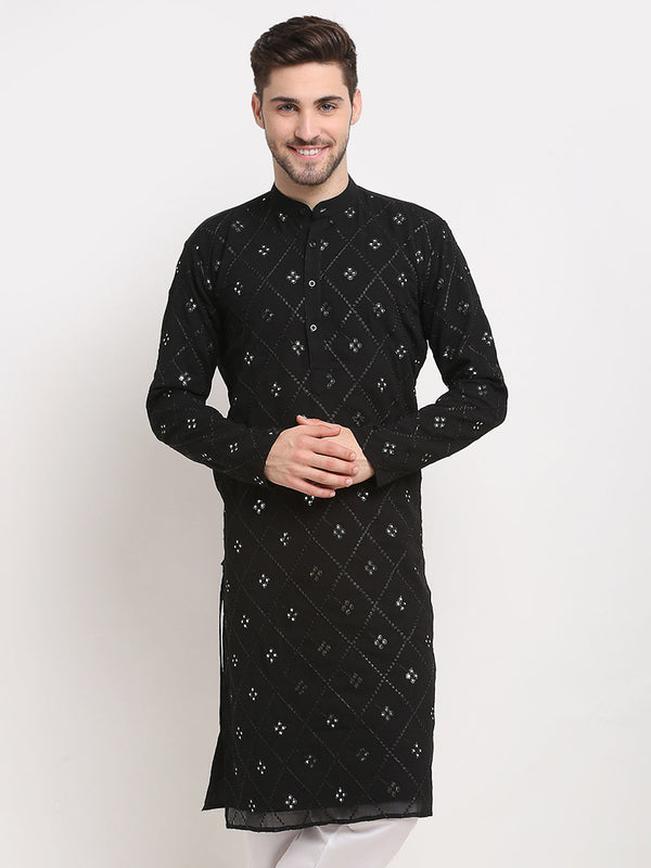 Men's Black Printed Mirror Kurta Only  ( KO 646 Black ) - Virat Fashions