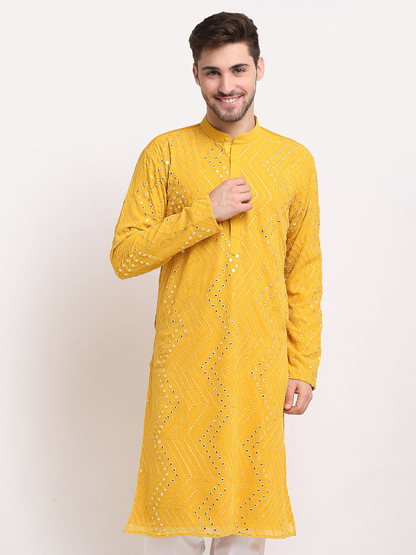 Men's Mustard Printed Mirror Kurta Only  ( KO 646 Mustard ) - Virat Fashions