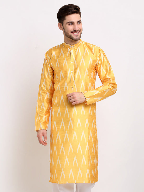 Men's Mustard Dupion Ikkat Kurta Only ( KO 647 Mustard ) - Virat Fashions