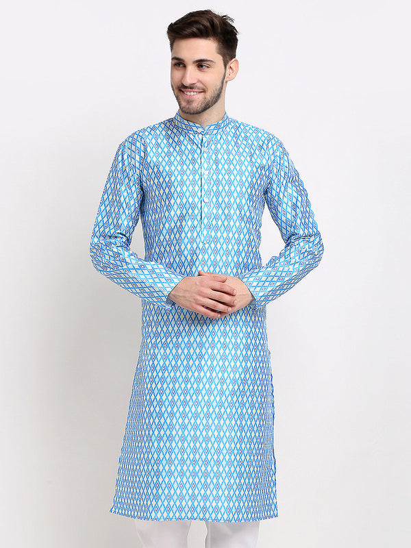 Men's Sky Dupion Ikkat Kurta Only ( KO 647 Sky ) - Virat Fashions