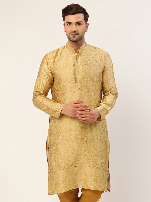 Men's Beige Coller Embroidered Woven Design Kurta Only ( Ko 649 Beige ) - Virat Fashions