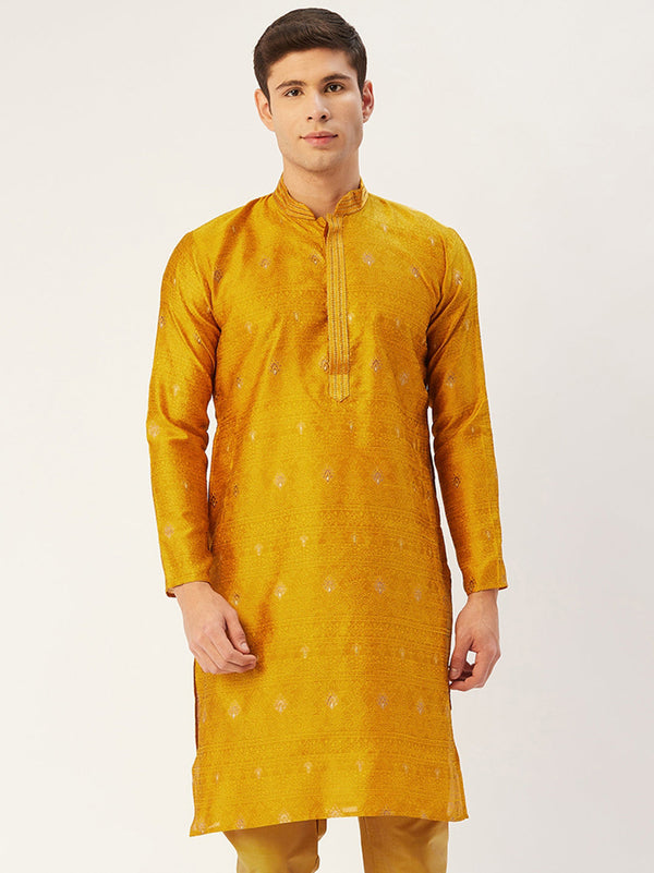 Men's Mustard Coller Embroidered Woven Design Kurta Only ( KO 649 Mustard ) - Virat Fashions