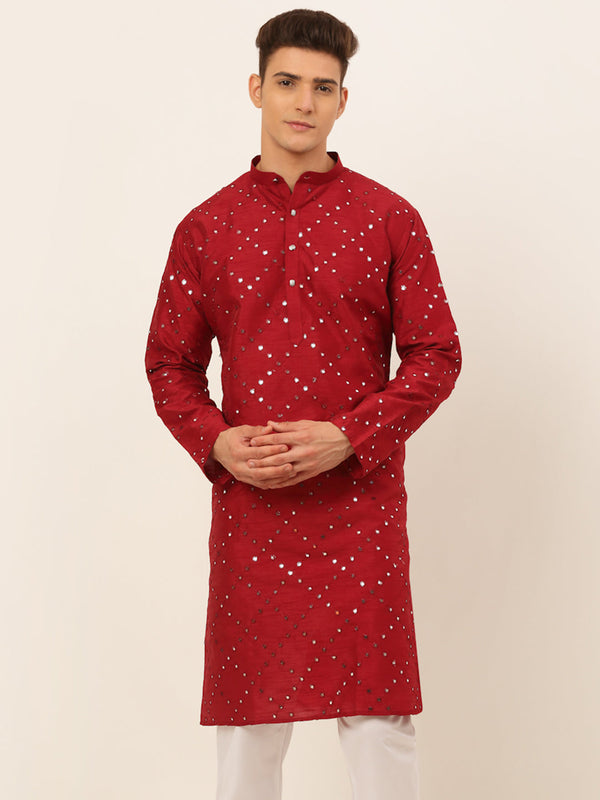 Men's Maroon Mirror Work Kurta Only ( Ko 659 Maroon ) - Virat Fashions