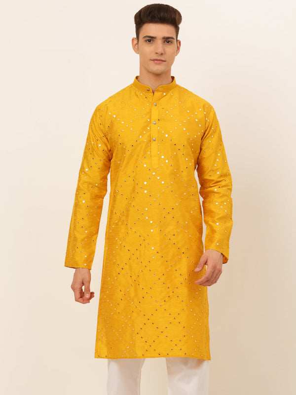 Men's Mustard Mirror Work Kurta Only ( Ko 659 Mustard ) - Virat Fashions