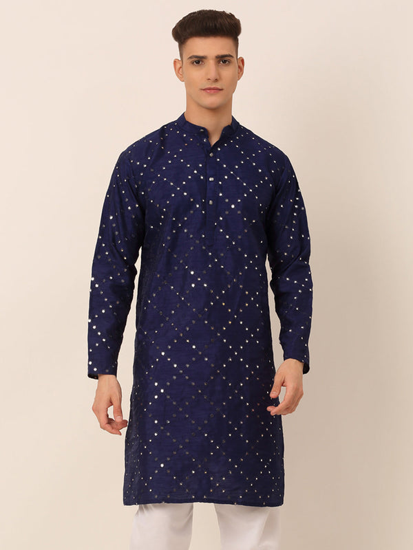 Men's Navy Blue Mirror Work Kurta Only ( Ko 659 Navy ) - Virat Fashions