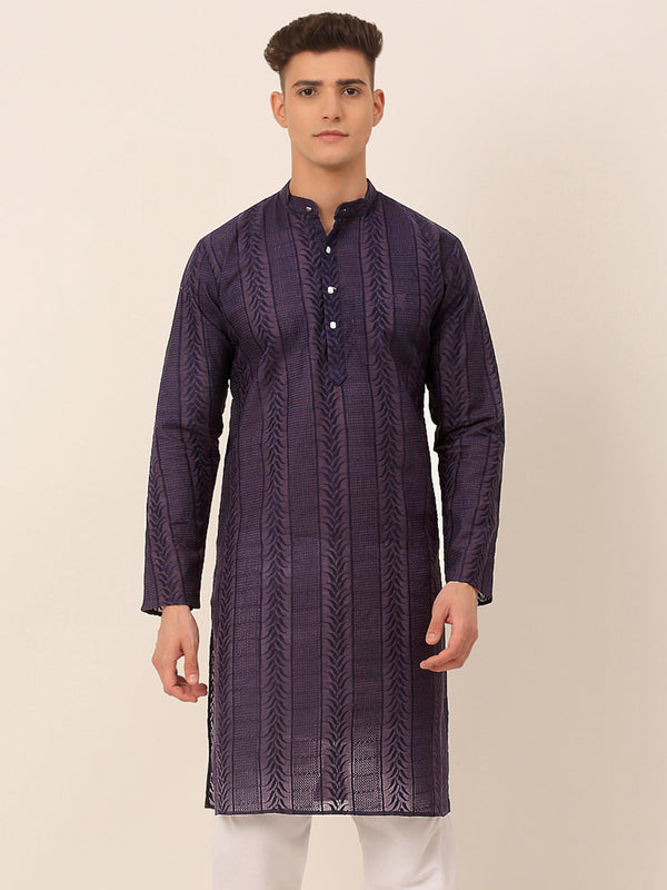 Men's Pure Cotton Embroidered Kurta Only ( Ko 660 Navy ) - Virat Fashions