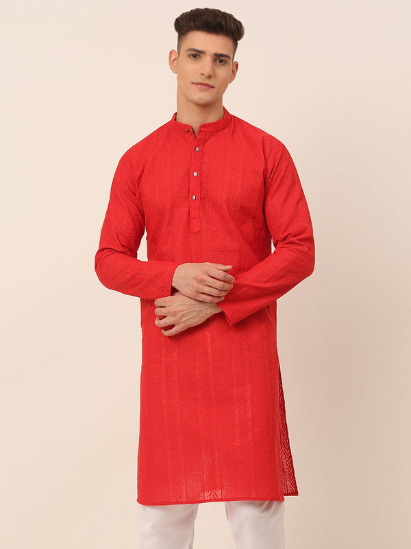 Men's Pure Cotton Embroidered Kurta Only ( Ko 660 Red ) - Virat Fashions