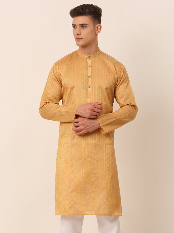 Men's Silk Blend Sequence Embroidered Kurta Only ( Ko 661 Beige ) - Virat Fashions