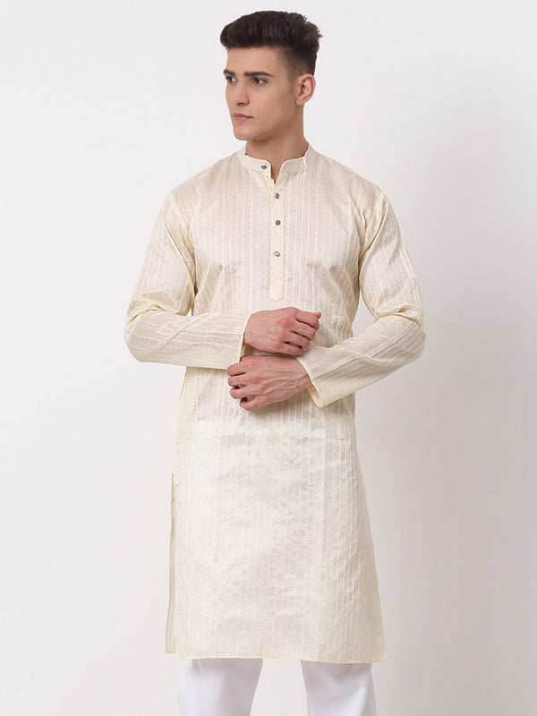 Men's Silk Blend Sequence Embroidered Kurta Only ( Ko 661 Cream ) - Virat Fashions