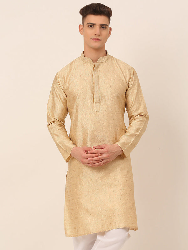 Men's Silk Blend Collar Embroidered Kurta Only ( Ko 662 Beige ) - Virat Fashions