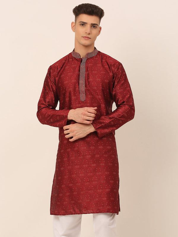 Men's Silk Blend Collar Embroidered Kurta Only ( Ko 662 Maroon ) - Virat Fashions