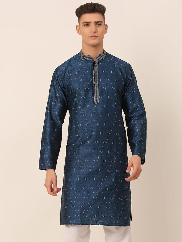 Men's Silk Blend Collar Embroidered Kurta Only ( Ko 662 Peacock ) - Virat Fashions