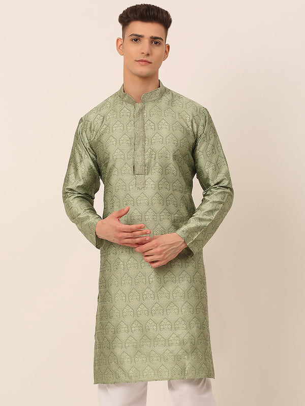 Men's Silk Blend Collar Embroidered Kurta Only ( Ko 662 Pista ) - Virat Fashions