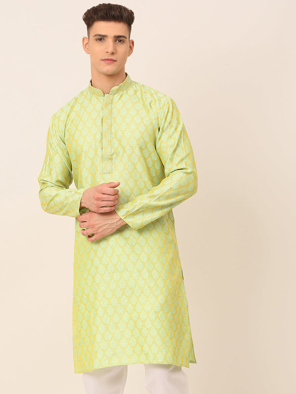 Men's Silk Blend Collar Embroidered Kurta Only ( Ko 663 Green ) - Virat Fashions