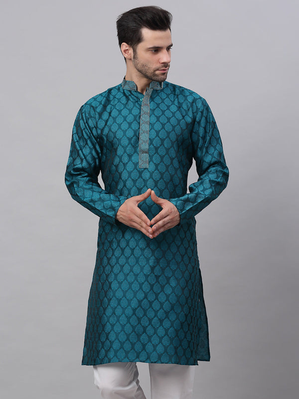 Men's Silk Blend Collar Embroidered Kurta Only ( Ko 663 Peacock ) - Virat Fashions