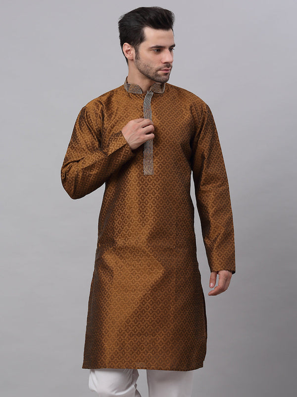 Men's Silk Blend Collar Embroidered Kurta Only ( Ko 664 Brown ) - Virat Fashions