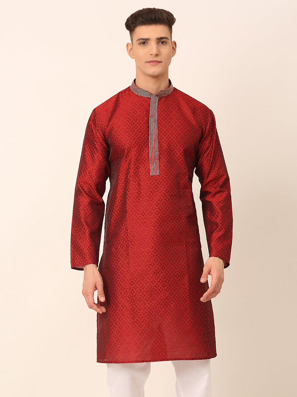 Men's Silk Blend Collar Embroidered Kurta Only ( Ko 664 Maroon ) - Virat Fashions