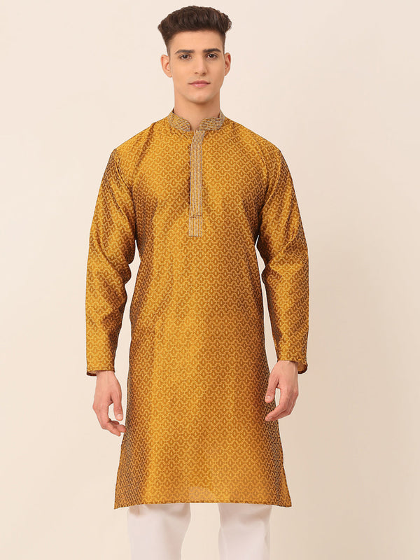 Men's Silk Blend Collar Embroidered Kurta Only ( Ko 664 Mustard ) - Virat Fashions