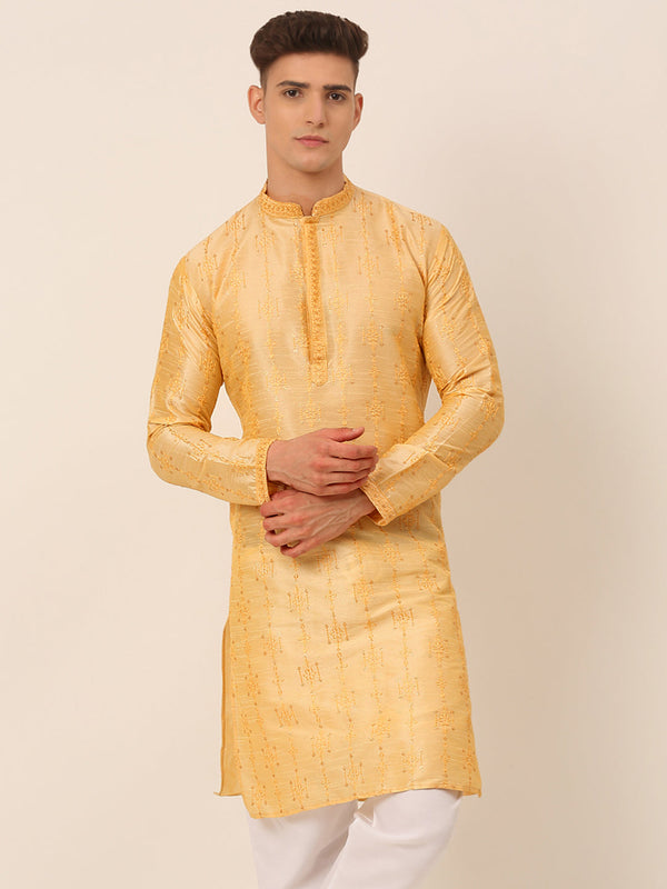 Men's Silk Blend Collar Embroidered Kurta Only ( Ko 665 Golden ) - Virat Fashions