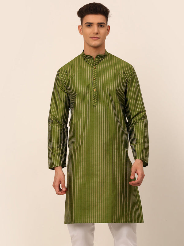 Men's Olive Green Striped Pleated Chikankari Kurta Only ( Ko 666 Olive ) - Virat Fashions