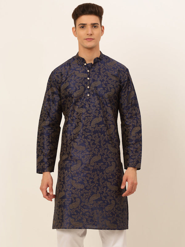 Men's Navy Blue Paisley Printed Kurta Only ( Ko 667 Navy ) - Virat Fashions