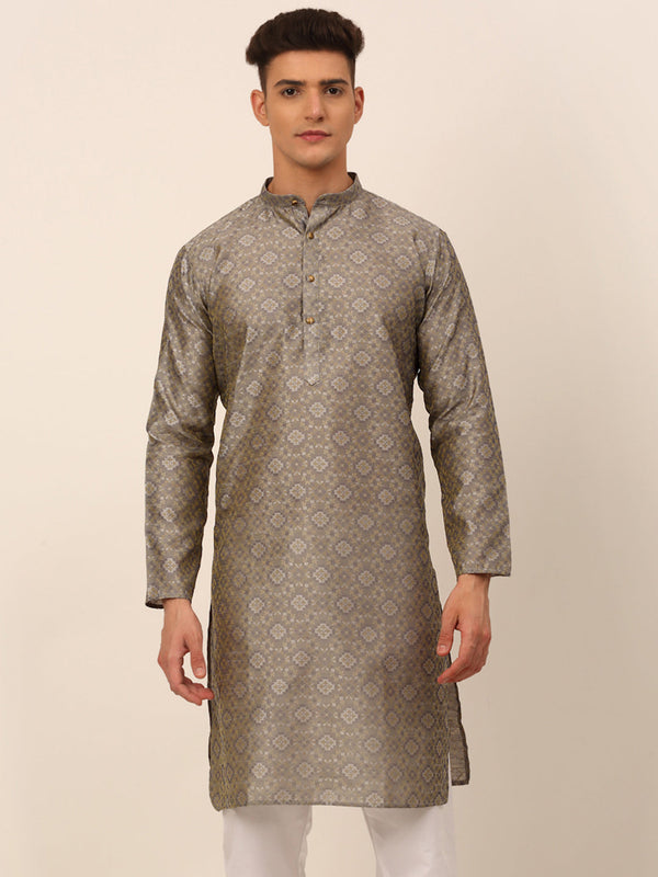 Men's Grey Floral Printed Kurta Only ( Ko 669 Grey ) - Virat Fashions