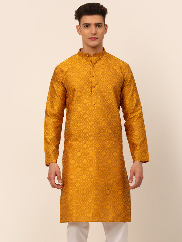 Men's Mustard Floral Printed Kurta Only ( Ko 669 Mustard ) - Virat Fashions