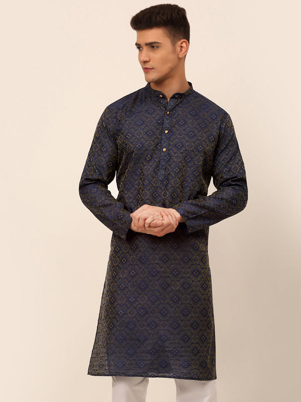 Men's Navy Blue Floral Printed Kurta Only ( Ko 669 Navy ) - Virat Fashions