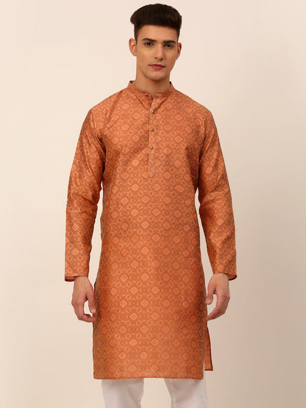 Men's Peach Floral Printed Kurta Only ( Ko 669 Peach ) - Virat Fashions