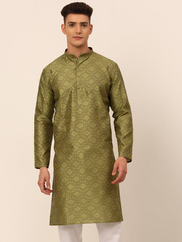 Men's Pista Green Floral Printed Kurta Only ( Ko 669 Pista ) - Virat Fashions