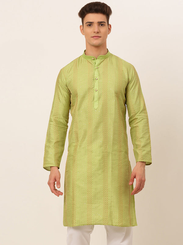 Men's Pista Green Embroiderd Kurta Only ( Ko 671 Pista ) - Virat Fashions