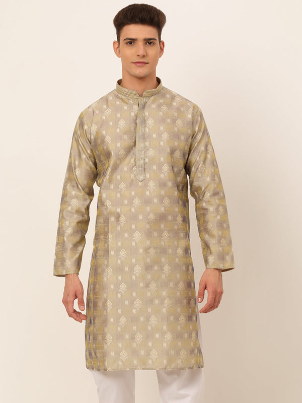 Men's Beige Collar Embroidered Woven Design Kurta Pyjama ( Ko 672 Beige ) - Virat Fashions