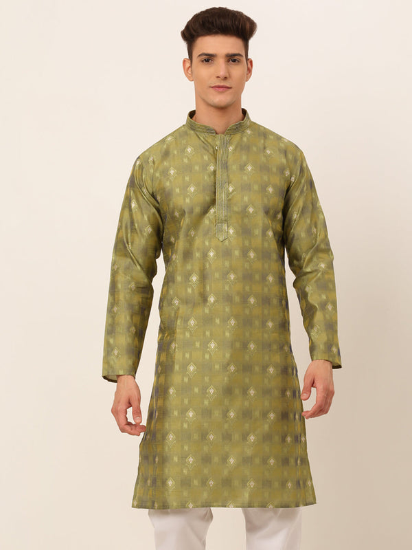 Men's Green Collar Embroidered Woven Design Kurta Pyjama ( Ko 672 Green ) - Virat Fashions