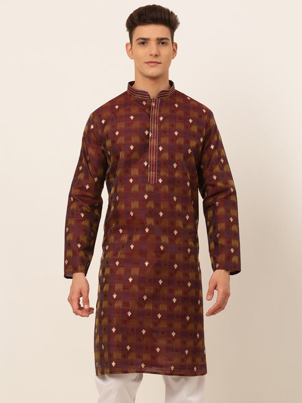 Men's Maroon Collar Embroidered Woven Design Kurta Pyjama ( Ko 672 Maroon ) - Virat Fashions