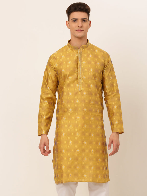 Men's Mustard Collar Embroidered Woven Design Kurta Pyjama ( Ko 672 Mustard ) - Virat Fashions