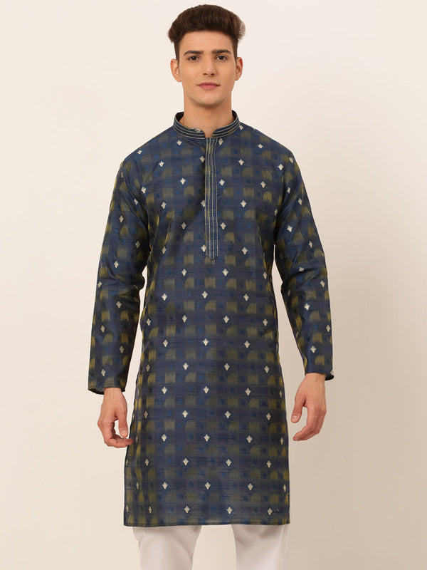 Men's Navy Blue Collar Embroidered Woven Design Kurta Pyjama ( Ko 672 Navy ) - Virat Fashions