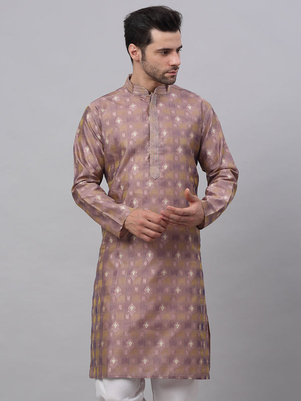 Men's Pink Collar Embroidered Woven Design Kurta Pyjama ( Ko 672 Pink ) - Virat Fashions