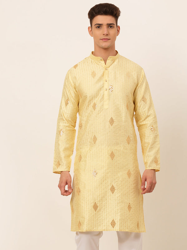 Men's Golden Embroidered Sequinned Kurta Only ( Ko 673 Golden ) - Virat Fashions